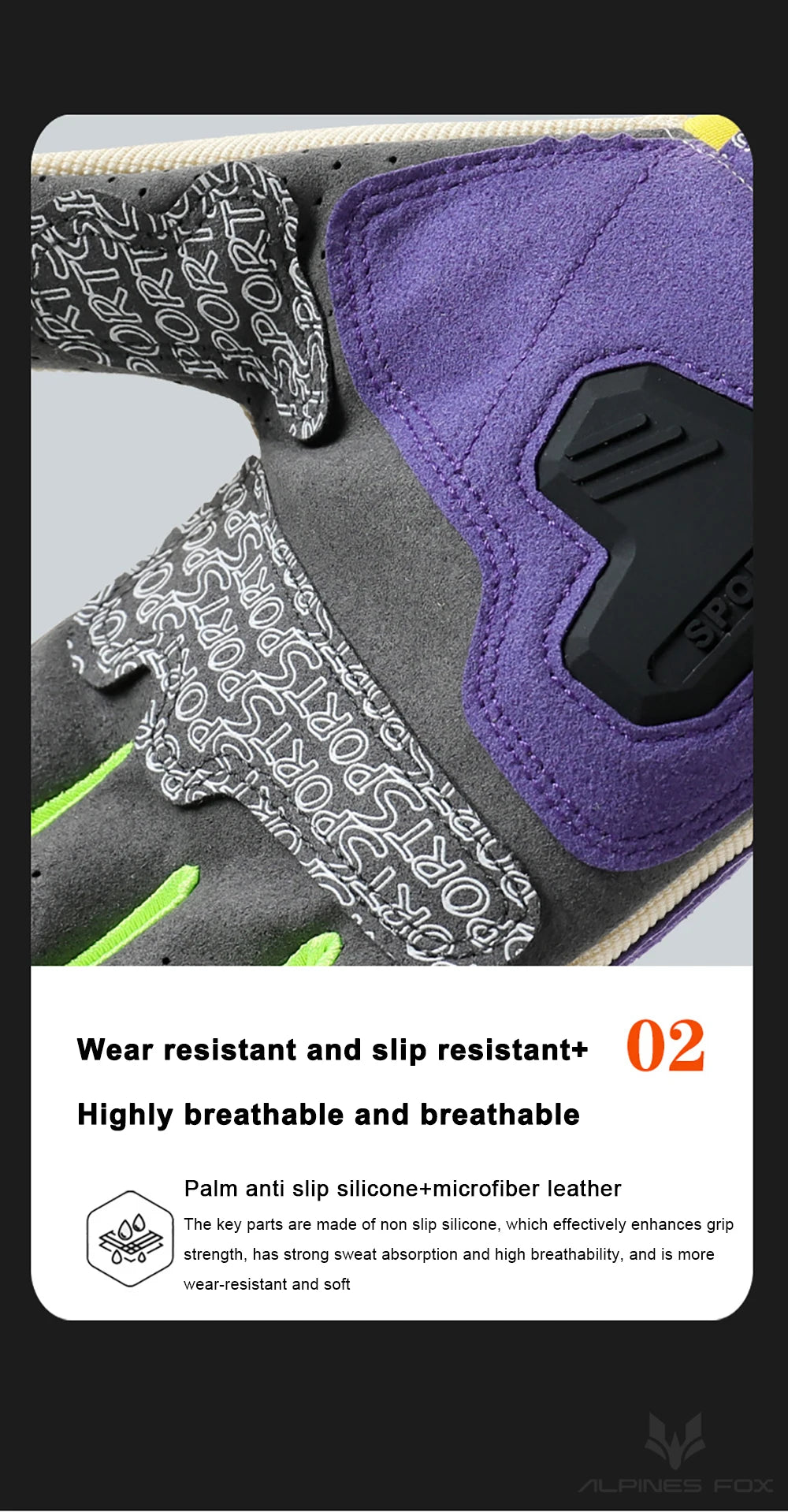 Purple and gray breathable motorcycle riding gloves featuring palm anti slip silicone and microfiber leather.