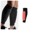 Black durable sports shin guards for football and basketball shown on a leg.