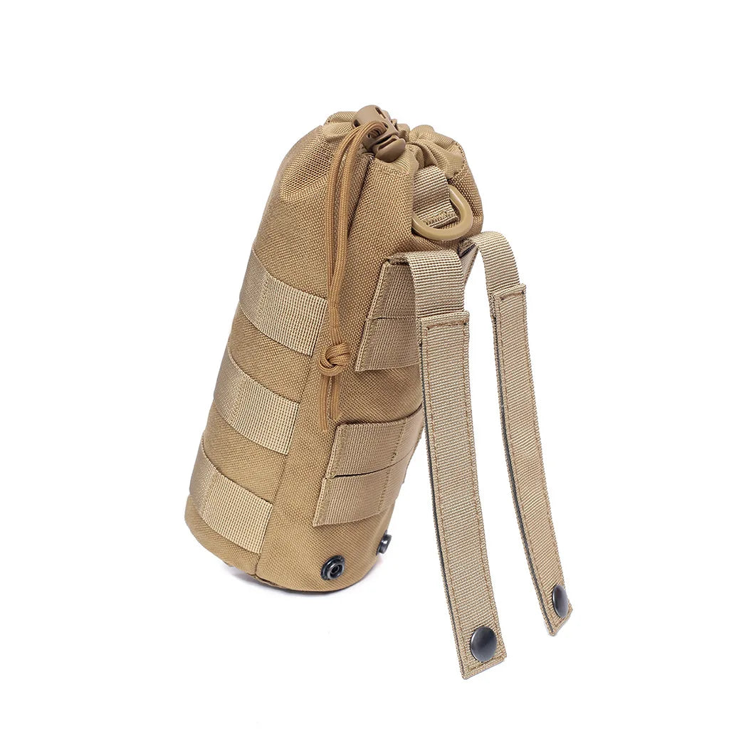 Tan tactical MOLLE water bottle pouch with adjustable straps