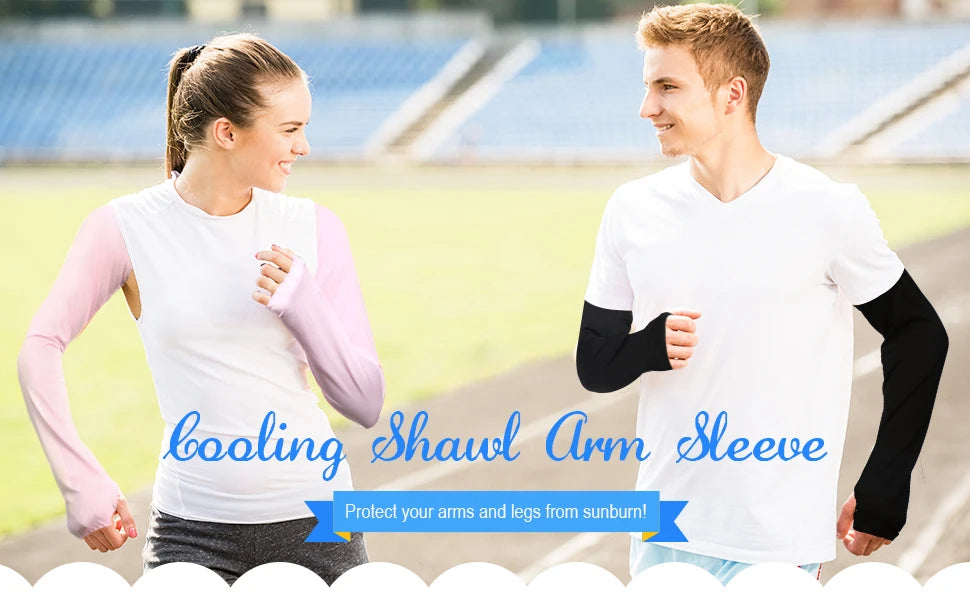 A woman and a man smiling while wearing white t-shirts and black arm sleeves for sun protection.