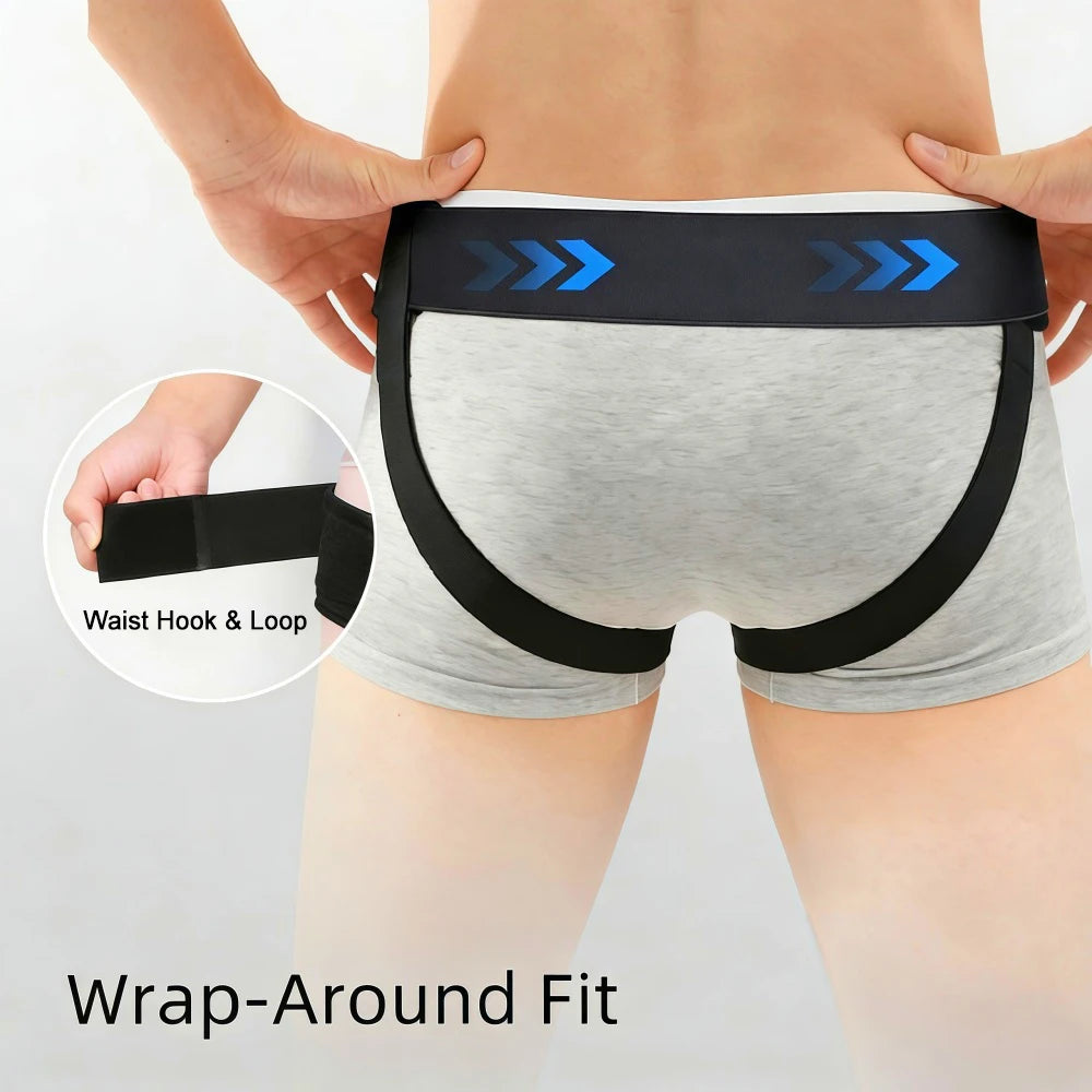 Gray hernia belt with black straps and blue compression pads shown being worn on the waist.