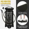 A black reusable water bladder hydration bag with a silicone tube and double sealing features for water storage.