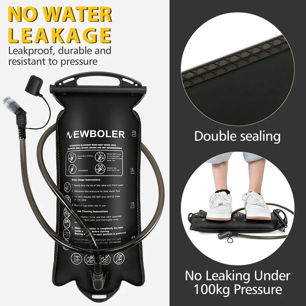 A black reusable water bladder hydration bag with a silicone tube and double sealing features for water storage.