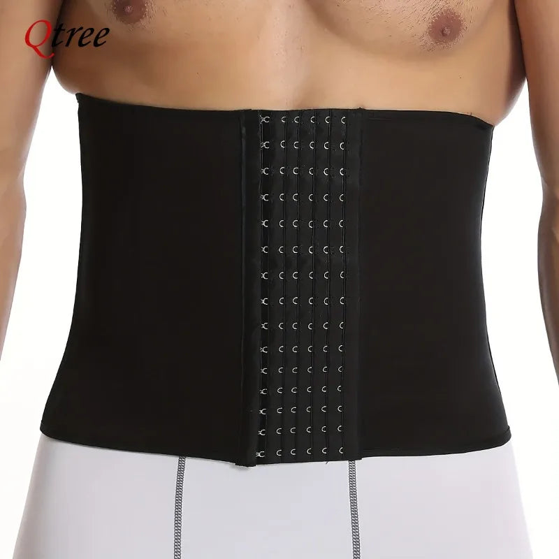 Black slimming corset waist trainer belt worn on a torso.