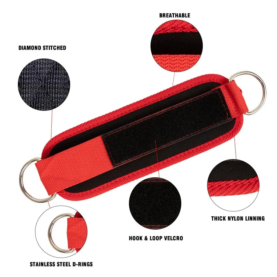 Red and black breathable diamond stitched ankle straps with stainless steel D-rings and thick nylon lining