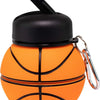 An orange silicone sports water bottle with a black cap and a basketball design.
