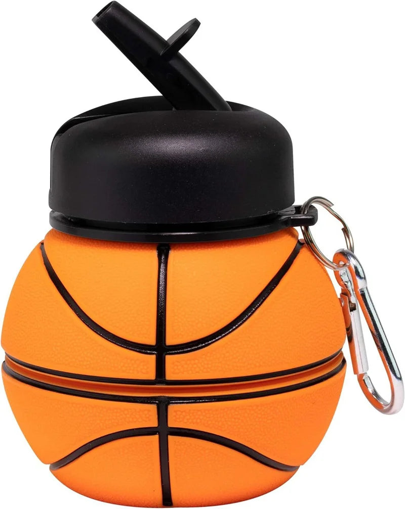 An orange silicone sports water bottle with a black cap and a basketball design.