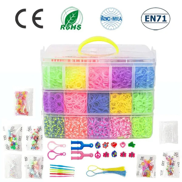 A collection of colorful luminous rubber bands and accessories for kids, including various colors and types.