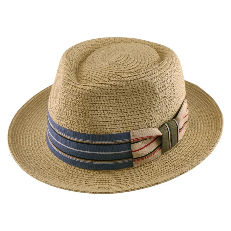 Woven Straw Fedora Hat with Striped Band for Men and Women