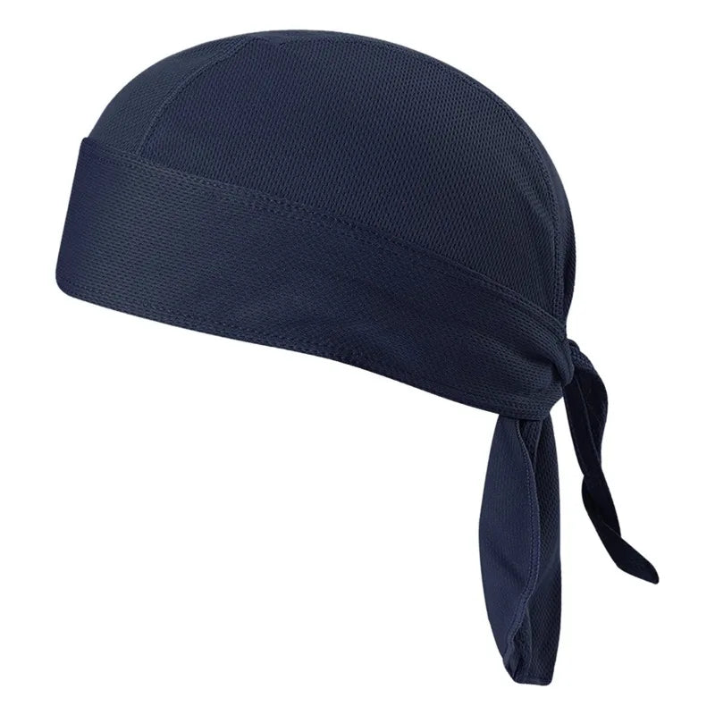 Navy blue men's distressed pirate style durag head wrap folded and displayed