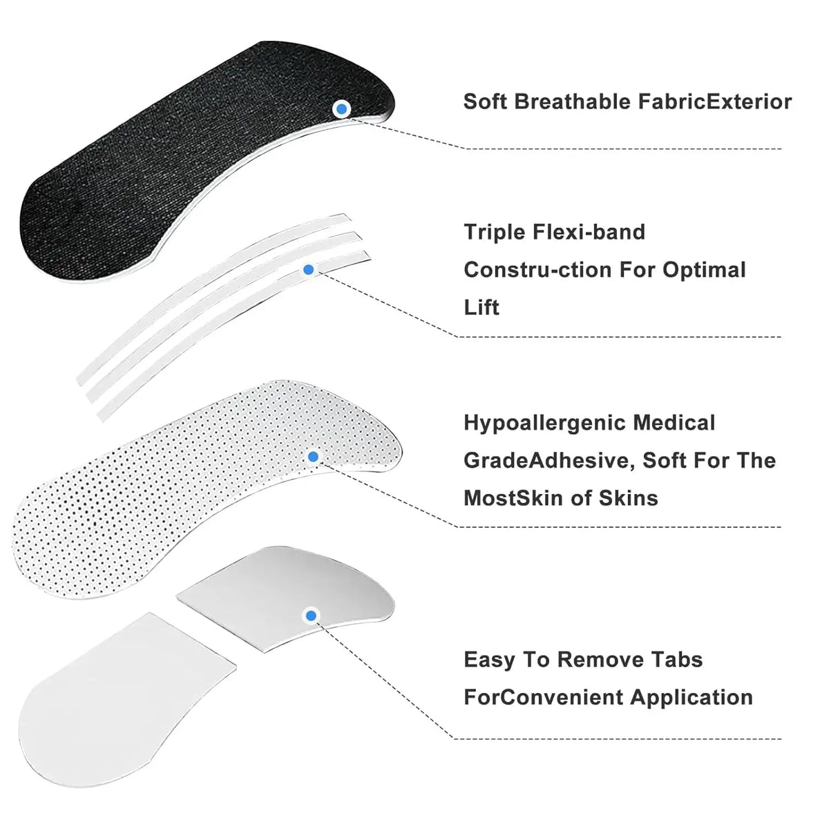 Various types of invisible anti-snoring nasal strips shown with descriptions of their features.