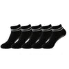 A row of black non-slip grip socks with silver trim laid out on a white background.