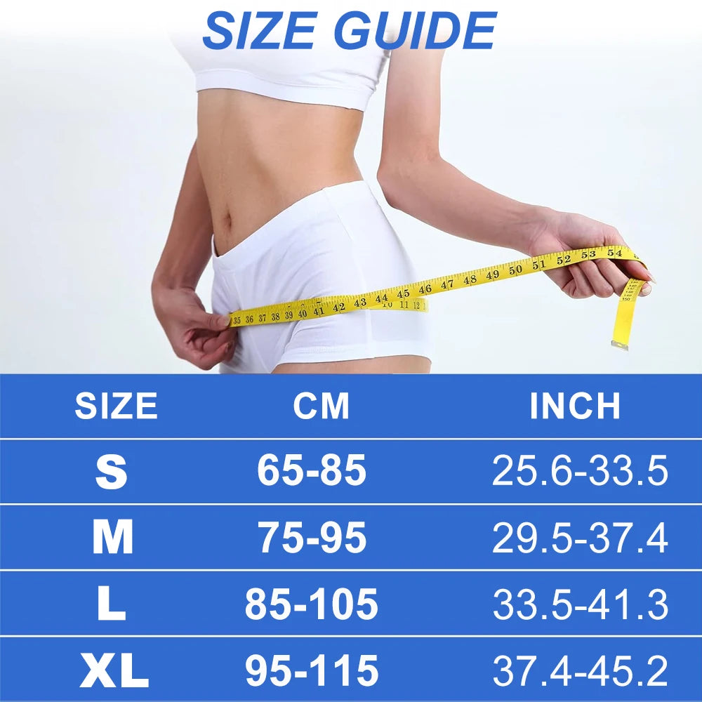 Guide des tailles montrant les mesures pour les tailles S, M, L et XL d'un soutien-ceinture à joint SI réglable