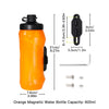 Orange magnetic water bottle with a black cap and release mechanism, shown next to mounting hardware.