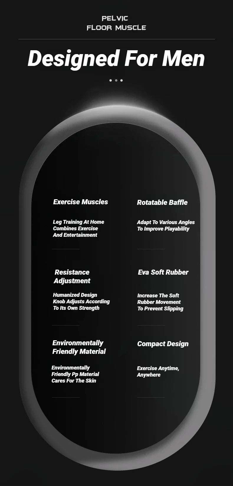 Design concept graphic for a pelvic floor muscle trainer featuring various features like rotatable baffles and soft rubber.