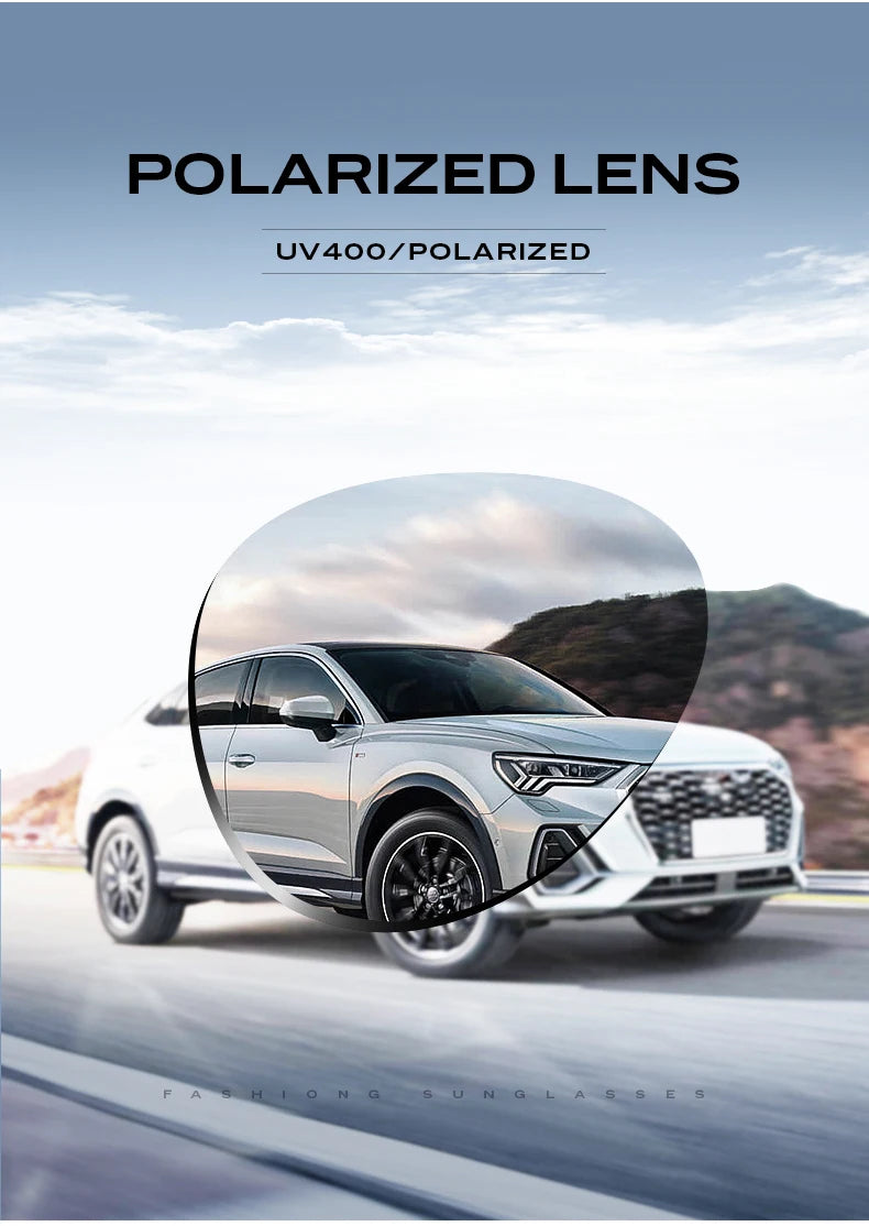 A silver SUV is shown in a blurred motion against a cloudy sky, with text indicating polarized lens features.