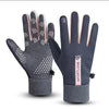 A pair of dark gray thermal cycling and running gloves with pink accents shown against a white background.