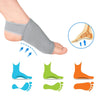 Gray silicone arch support insoles shown on a foot, with diagrams illustrating proper and incorrect foot arches.