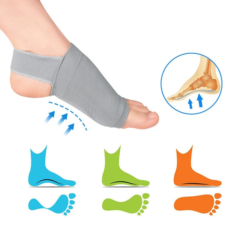 Gray silicone arch support insoles shown on a foot, with diagrams illustrating proper and incorrect foot arches.