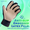 A close-up of a tan and black anti-slip embossed latex palm goalie glove for soccer, showing the grip texture.