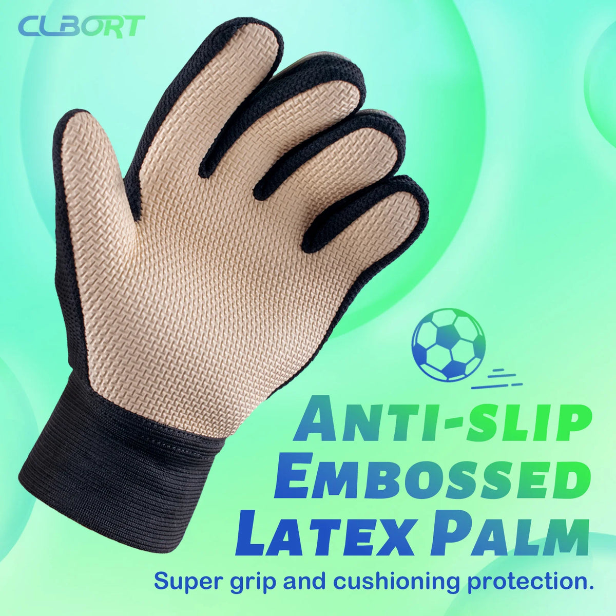 A close-up of a tan and black anti-slip embossed latex palm goalie glove for soccer, showing the grip texture.