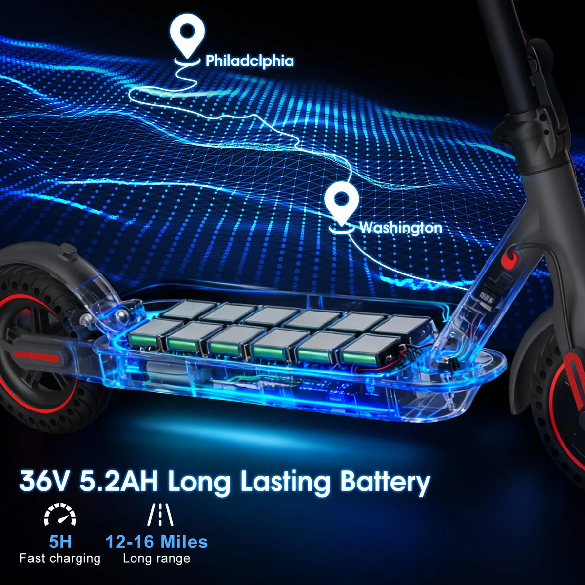A close-up view of a black electric scooter with a visible battery pack and a map graphic showing locations in Philadelphia a