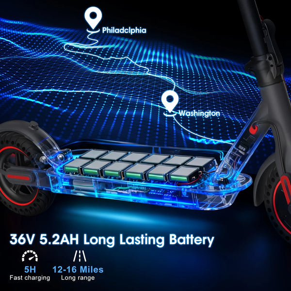 A close-up view of a black electric scooter with a visible battery pack and a map graphic showing locations in Philadelphia a
