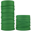 A stack of dark green seamless fabric headbands and balaclavas rolled into cylindrical shapes.