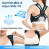 A black adjustable posture corrector worn on the upper back and shoulder, highlighting its breathable fabric and skin-friendl