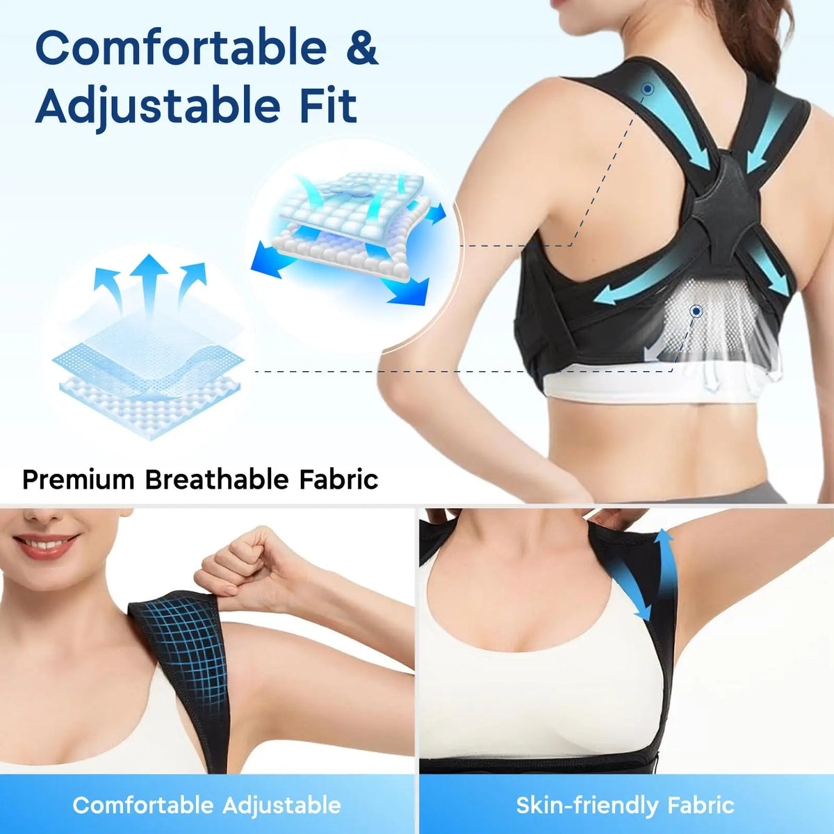 A black adjustable posture corrector worn on the upper back and shoulder, highlighting its breathable fabric and skin-friendl
