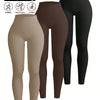 A set of three seamless high-waisted black and beige yoga leggings shown on a white background.