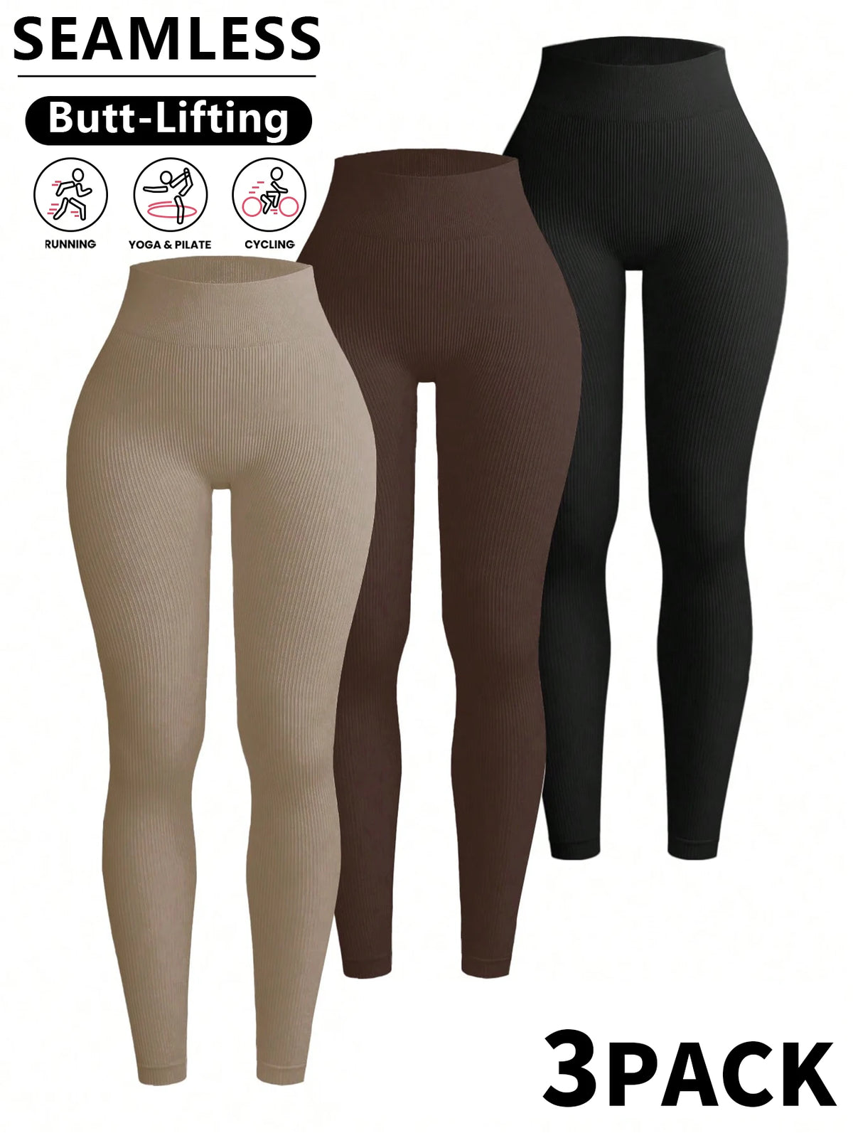 A set of three seamless high-waisted black and beige yoga leggings shown on a white background.