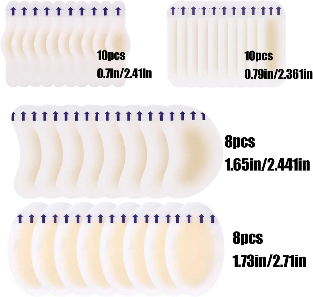 Various sizes of hydrocolloid blister gel pads for foot pain relief shown in multiple arrangements.