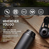 A black aluminum portable water bottle with a lid is shown on a wooden surface, highlighting its features.