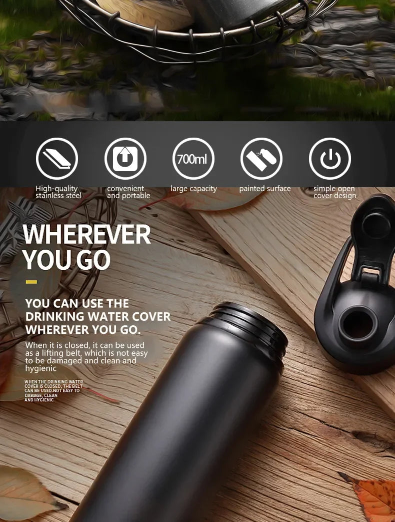 A black aluminum portable water bottle with a lid is shown on a wooden surface, highlighting its features.