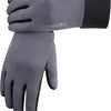 A close-up of a gray windproof fleece-lined touchscreen glove being held in a fist.
