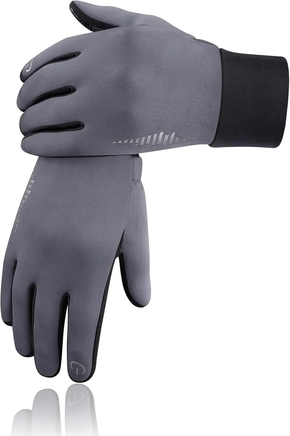 A close-up of a gray windproof fleece-lined touchscreen glove being held in a fist.