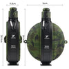 A black collapsible silicone camping kettle with a camouflage green sleeve and black accents.