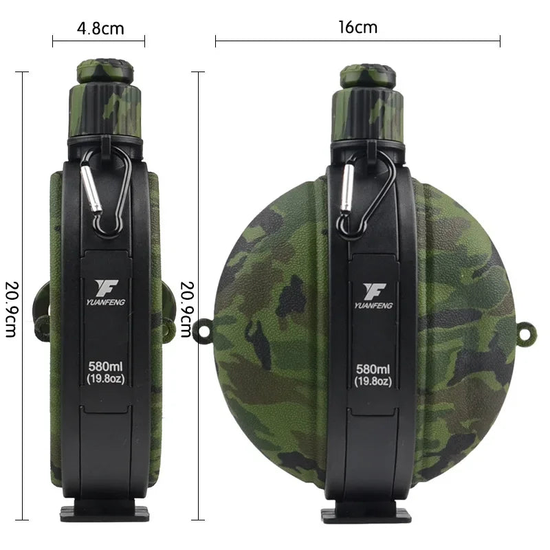 A black collapsible silicone camping kettle with a camouflage green sleeve and black accents.
