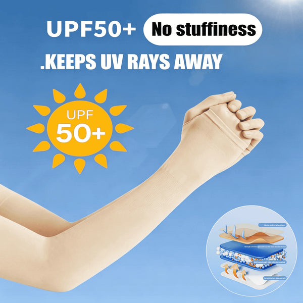 A hand wearing a beige ice silk arm sleeve is shown against a blue background with text indicating UPF50+ UV protection.
