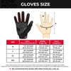 Diagram showing glove sizes M to XXL with palm circumference and finger length measurements