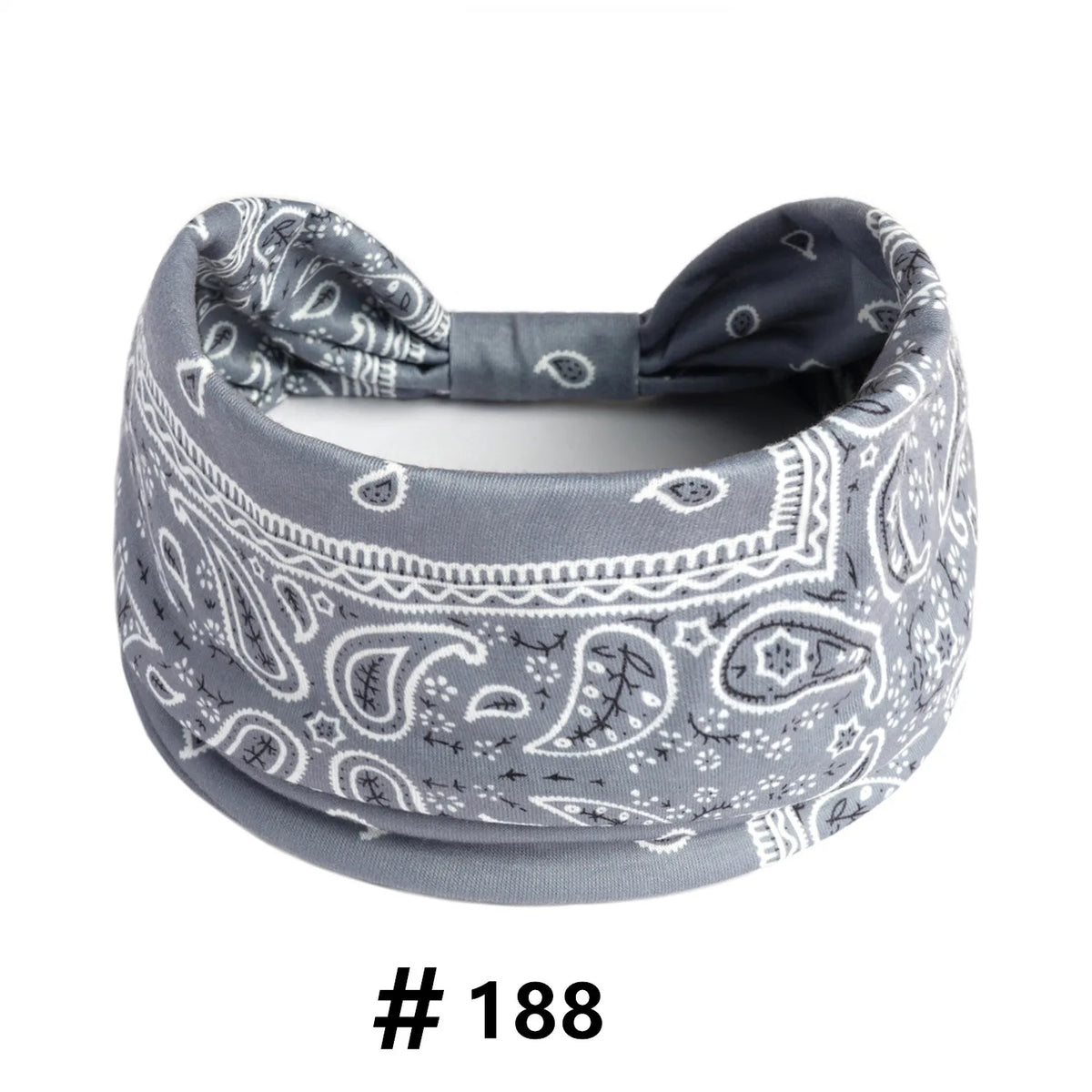 Gray boho print cotton headband with a dark accent knot