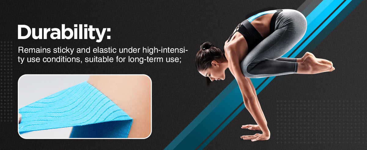 A woman performing an exercise while wearing blue kinesiology tape on her arm and leg.