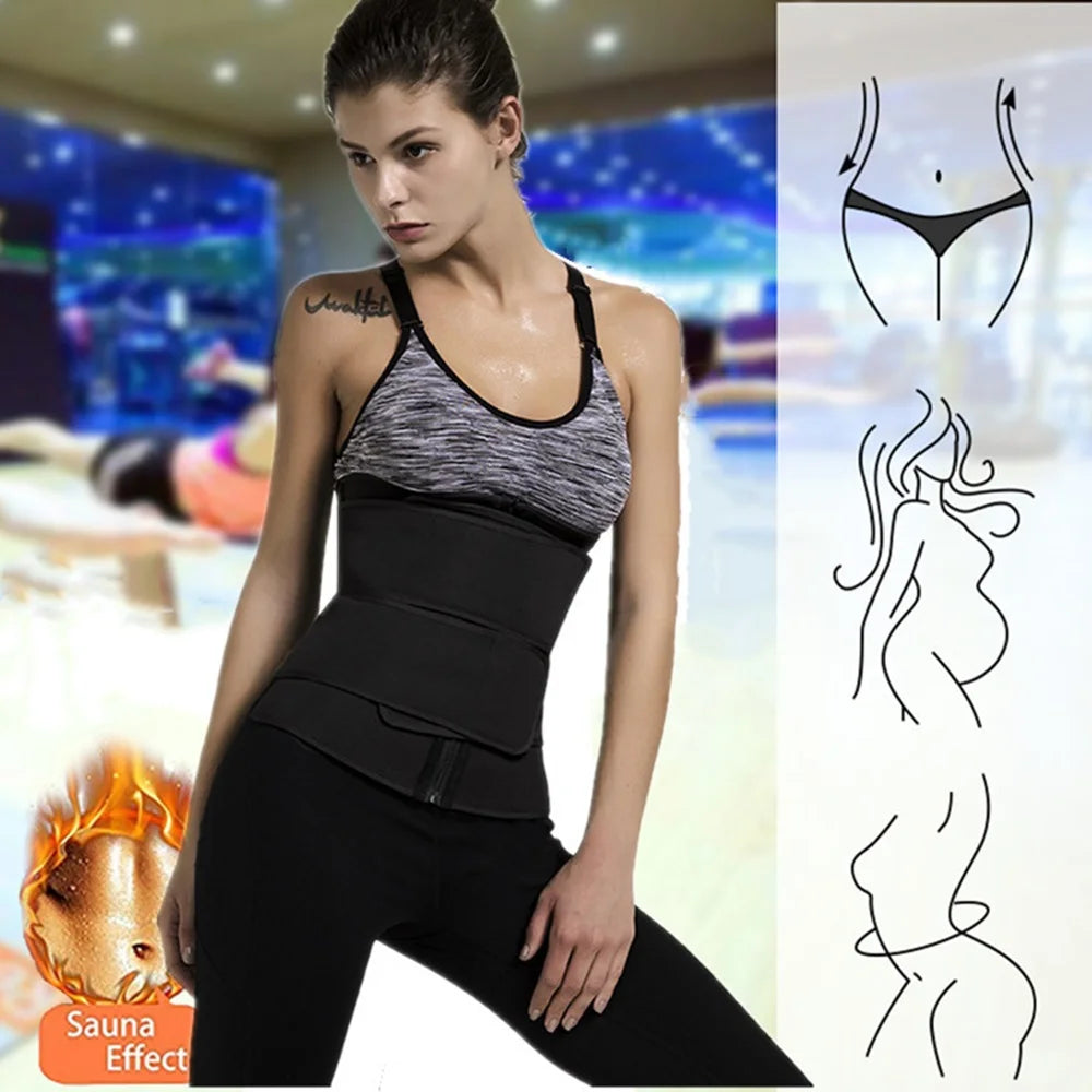 A woman wearing a black body shaper waist trainer fitness belt is shown in a studio setting.