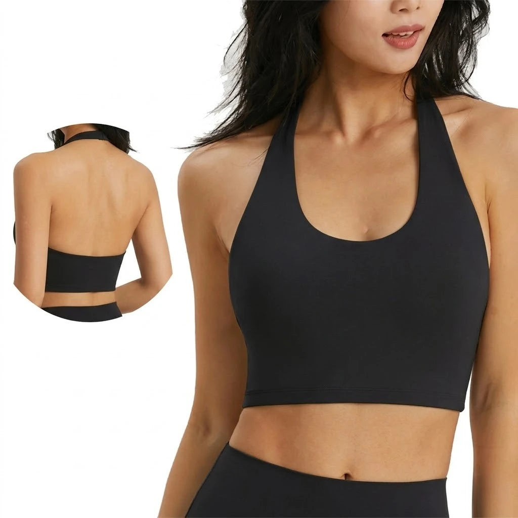 A woman models a black halter neck yoga and gym sports bra top, shown from the front and back views.