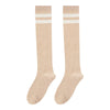 A pair of beige striped cotton knee high socks with a ribbed texture.