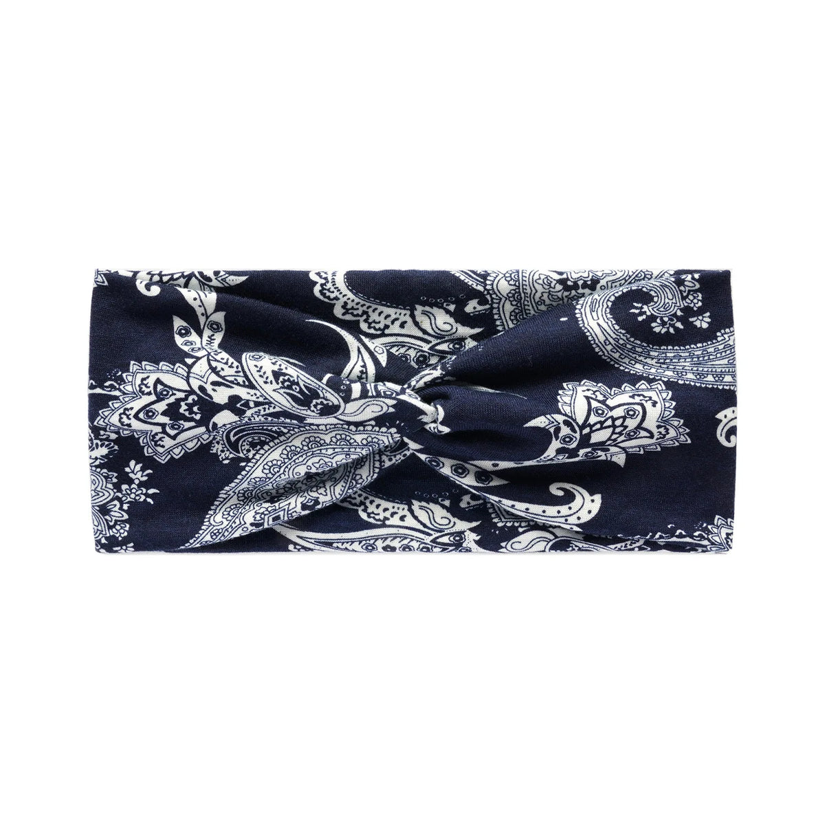 A dark blue bohemian vintage print headband featuring intricate white floral and paisley patterns.