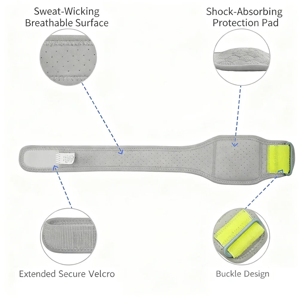An adjustable tennis elbow brace featuring a sweat-wicking surface, shock-absorbing pad, and extended secure velcro.