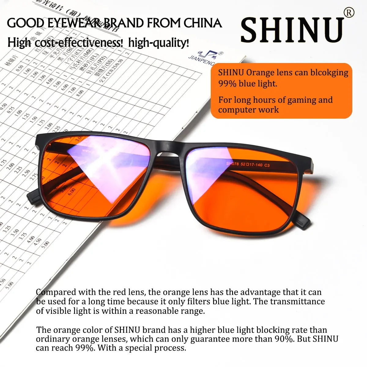 Orange lens blue light blocking glasses shown on a desk with a notepad and a ruler.