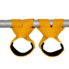 Yellow gym lifting straps with black grips mounted on a silver bar.
